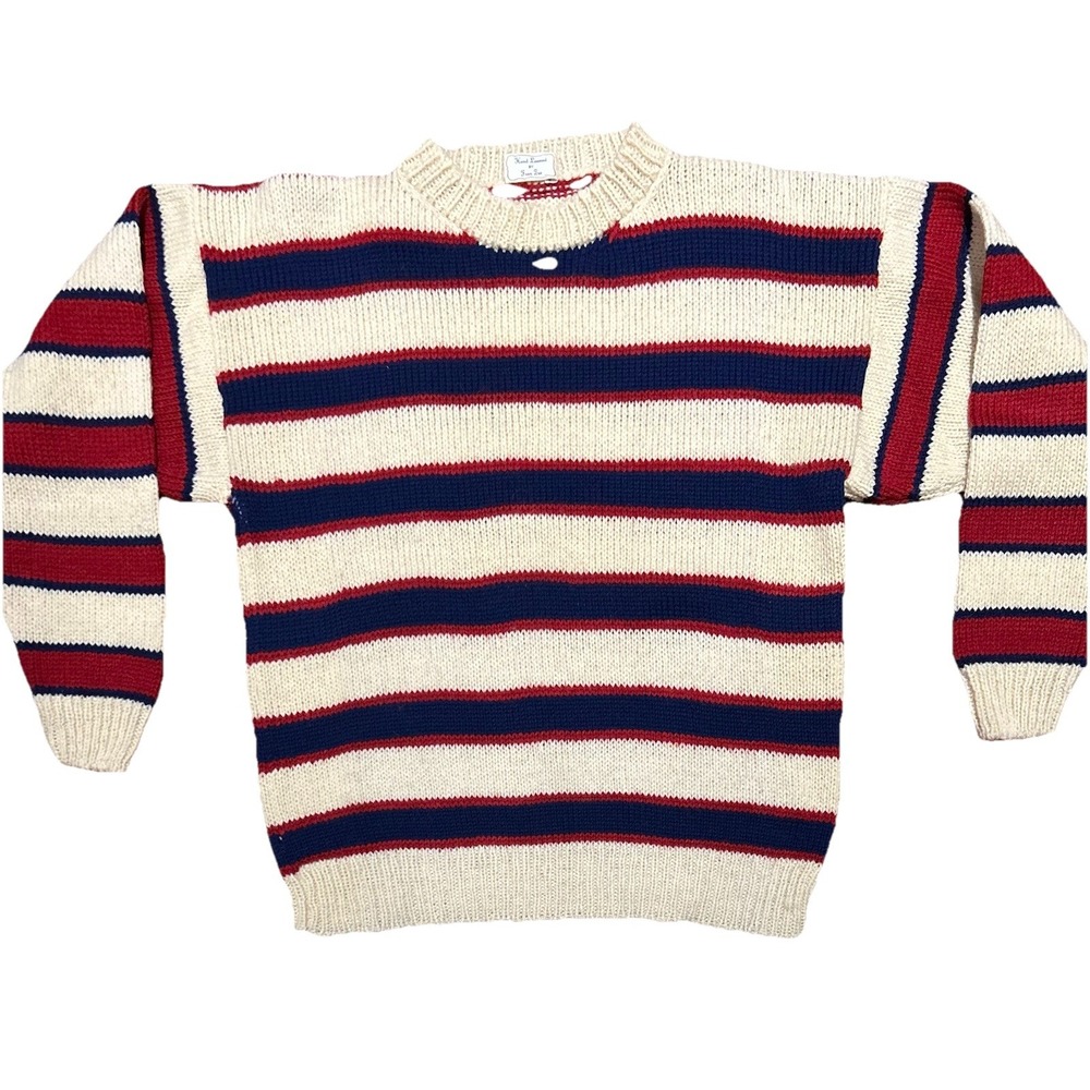 Vintage Wool Hand Knit Sweater Hand Loomed Men's Large Unisex Striped Red Blue‎